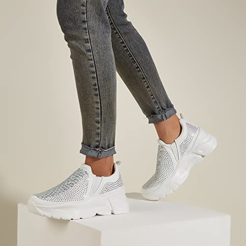 Lucky Step Women Rhinestone Chunky Sneaker Platform Sparkly Elastic Slip On Walking Shoes(White Rhinestone,8 B(M) Us) #TOP4
