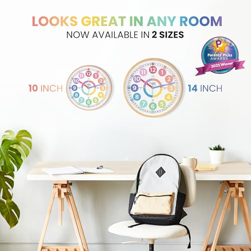 Large Pastel Learning Clock for Kids – 14" Silent Cute Wall Clock for Classroom & Children’s Bedroom – Non-Ticking Analog Teaching Clocks – Includes E-Book Guide to Help Kids Learn to Tell Time Easily