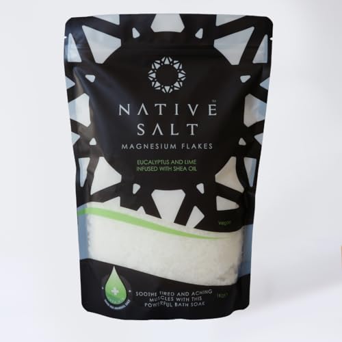Sal nativa: copos de baño de magnesio, eucalipto y lima, infundidos con aceite de karité, fuente natural de magnesio, copos de baño minerales, recuperación de magnesio, vegano y sin aceite de palma, 1
