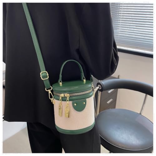 Image of Retro Bucket Bag Color Contrast Cylinder Purse | Senior Sense Style, Single Shoulder Crossbody, Zipper Closure, 4.7x6