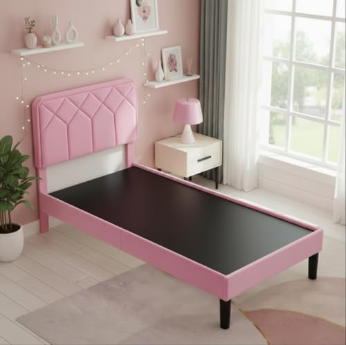 Image of APRODZ Twin Size Bed | Upholstered Bed Frame with Channel Tufted Headboard | Bed Twin Size Wooden Legs | Double Bed King Size Without Storage | Bedroom Furniture | Pink Fabric & Black Wooden Legs