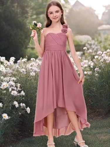 One Shoulder Junior Bridesmaid Dress for Wedding High-Low Chiffon A-Line Belt Princess Pageant Flower Girl Dress3