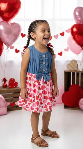 Image of Unique Baby Girls Sleeveless Denim Dress with Knot Tie and Fun Print for Toddler and Big Kids