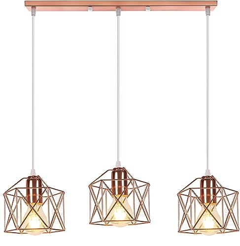 PETITES ECREVISSES Vintage Lámpara Colgante Retro Industrial 3 Cabezas Luz de Techo Colgante Estilo Nórdico Iluminación Colgante para Cocina Comedor Oficina Salón (Oro Rose-con una barra de techo)