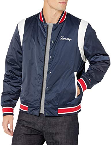 Tommy Hilfiger Men's Adaptive Varsity Jacket with Magnetic Buttons, Navy blazer, X Large