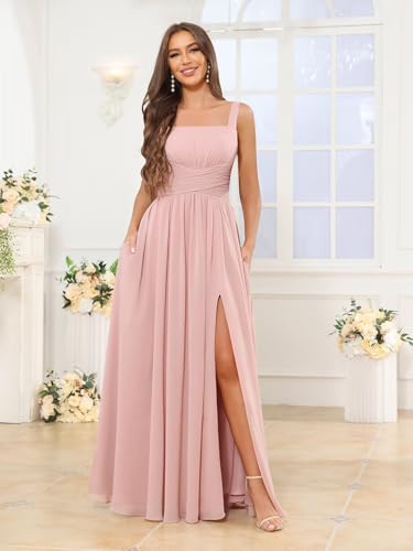 Women's Square Neck Chiffon Bridesmaid Dresses with Pockets Pleated A Line Formal Evening Dresses with Slit4