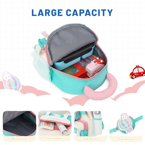 Toddler Backpack for Girls Preschool Kindergarten Backpack age 3-4 12in mini Cute Kids Bags with Detachable Waist Bag, Pink and Mint Green4