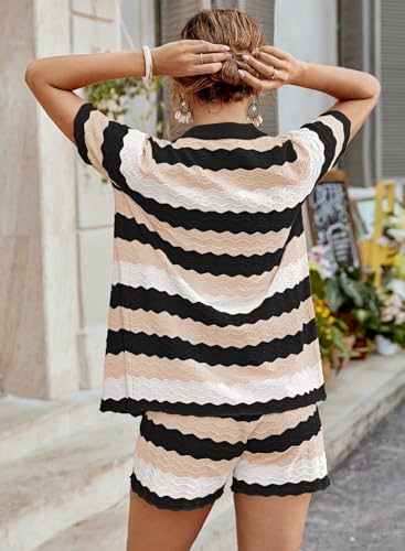 Pink Queen Women Knit Shorts Set 2 Piece Outfits Sweater Cam Shirt with Cam Shorts Sets Striped Black X-Large — view 5
