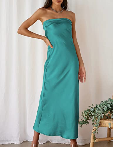 Image of Realtix Summer Satin Strapless Backless Maxi Dress for Women Wedding Guest