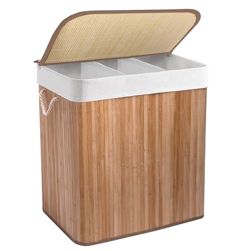 KNIGHT 150L Bamboo Laundry Hamper, 3 Compartment Laundry Basket, Removable & Washable Liner, Foldable, Natural, for Bedroom & Bathroom, 60x40x63cm