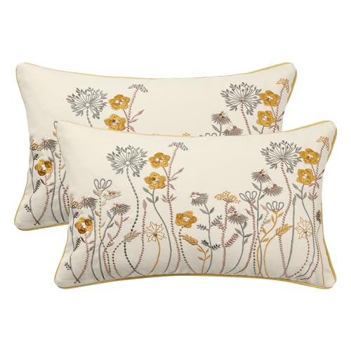 Tosleo Throw Pillow Covers Flower Embroidery 12 x 20 inch Spring Summer Cushion Cover Pillowcase Floral Set of 2 Yellow Flower Decorative for Garden Sofa Living Room Bed Couch Car Gift Home Deco
