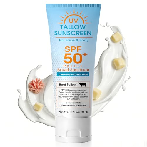 Beef Tallow Sunscreen SPF 50: Mineral Non-Nano Zinc Oxide Sunblock Non-Greasy & Instant Protection for Face Reef-Safe for Beach Running & Sports 3 Fl Oz (85g)