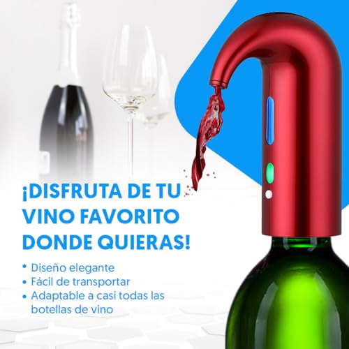 NK Decantador de Vino Eléctrico, Aireador de Vino Automático y Portátil, Recargable por USB, Incluye Tubo de silicona y Bolsa de Tela, Filtro y Botón ON/OFF, Batería 1500 mAh - Color Rojo - imagen 3
