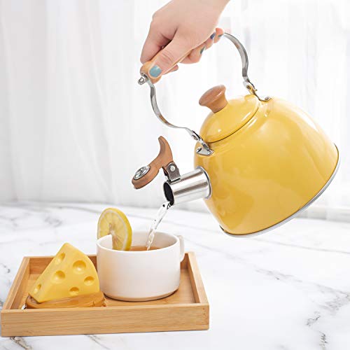 Rockurwok Whistling Tea Kettle, 1.6 Qt / 50 Oz, Yellow Teapot, Universal Base For Induction | Gas | Electric | Halogen | Radiant, Wooden Handle, Vintage #TOP5