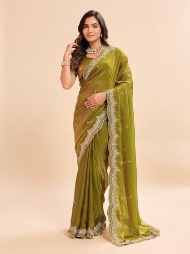 Image of Embellished Embroidered Pure Chiffon Heavy Work Saree