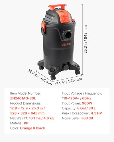 Image of VEVOR Shop Vac, 8 Gallon Wet Dry Shop Vacuum, 4.5 Peak HP Portable with One-Button Self-Cleaning, Dual-Filter, 900W Input Power, 1.25in x 7ft Hose, 9.8ft Cord for Jobsite, Workshop, Garage, Home