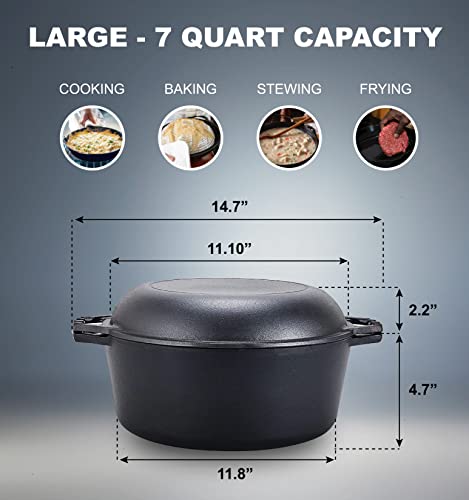Bruntmor 2-In-1, 7 Quart Enamel Cast Iron Dutch Oven With Handles, Crock Pot Black Cast Iron Skillets, Enamel All-In-One Cookware Braising Pan For Casserole Dish | Pioneer Woman Cookware #TOP2