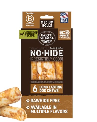 Earth Animal No Hide Medium Venison Flavored Natural Rawhide Free Dog Chews Long Lasting Chew Sticks | Treats for Large Dogs | Great for Aggressive Chewers - 6 Count