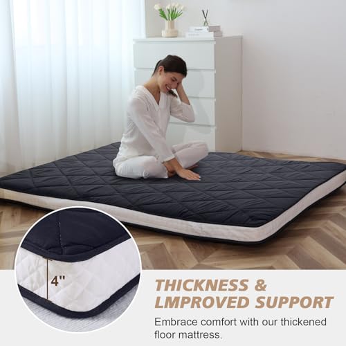 Full Size Futon Mattress - Extra Thick Foldable Japanese Floor Mattress - Memory Foam Sleeping Pad for Adults - Tatami Mat Suitable for Camping & Guest -Diamond Black - Thumbnail 3