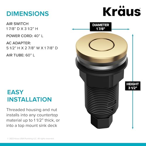 Image of KRAUS Garbage Disposal Air Switch Kit with 2 Flat-Top Push Buttons in in Spot-Free Stainless Steel and Brushed Brass, AC Adapter, Power Cord, and Air Tube Included, KWDA-200BB