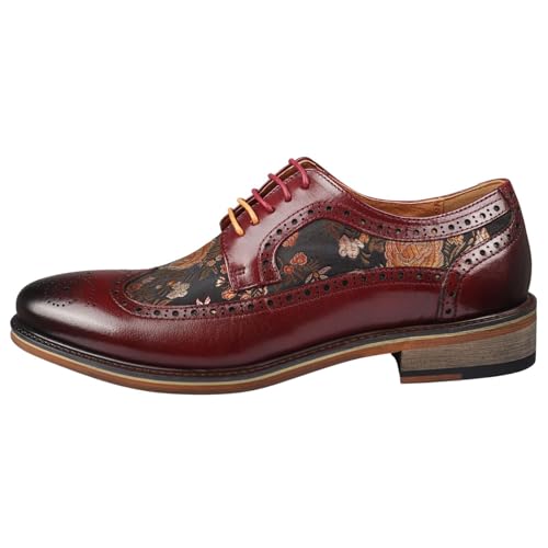 Image of Men's Shoes Floral Print Leather Oxford Brogue Lace Up Formal Dress Shoe - Burgundy 10