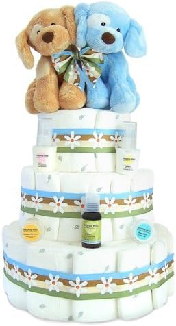 "Mama & Babies" Twin Boys 3-Tier Diaper Cake (3 Colors) (Blue and Beige Puppies)