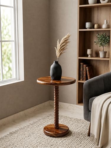 Image of REDWOOD Sheesham Wood End Table | Round Sofa Side Table for Living Room, Bedroom & Lounge | Modern Accent Unit with Decorative Turned Pedestal Base | Compact Space Saving Furniture | Walnut Finish