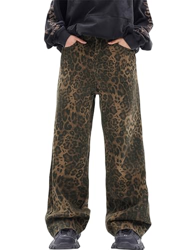 Leopard Print Baggy Jeans for Mens Hip Hop Loose fit Y2K Vintage Denim Pants Chic Street Style Wide Leg Jeans Pants