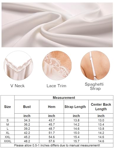 Ekouaer Women's Satin Camisole Lace Silk Satin Pajama Tank Tops V Neck Soft Spaghetti Strap Loose Sleepwear White XL