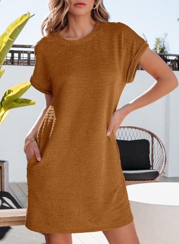 Image of EVALESS Womens Summer Dresses 2026 Fashion Short Sleeve Cute Spring Mini Dress Crewneck Casual Beach Vacation Dresses