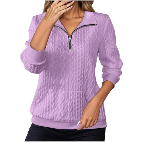 Sweatshirts Jumpers for Women UK Jumpers Lapel Half Zip Sweatshirt Knit Ladies Sweatshirt Long Sleeve Tops Fall Winter Tops Warm V Neck Tunics Jumper (Purple, S)