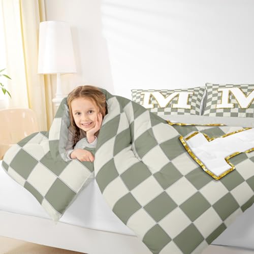 Image of Erosebridal Sage Green Checkered Kids Comforter Sets Plaid Initial M King Bedding Set for Adults Personalized Monogram Comforter Set,Fashion Grids Gingham Quilt Duvet 3 Pcs