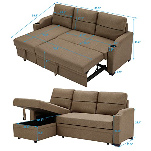 Humeha Reversible Sectional Sofa Couch, Brown Convertible Pull Out Bed Sleeper Sofa With Storage Chaise Lounge, Upholstered L Shaped Couch With 2 Cupholders, Linen Fabric Couches For Living Room #TOP1