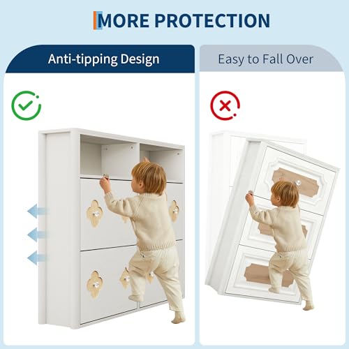 Image of GarveeHome Shoe Cabinet with 4 Flip Drawers, Narrow Wood Shoe Organizer Cabinet with Floral Pattern, Freestanding Slim Shoe Rack Cabinet with Adjustable Shelves & Open Storage, for Entryway, White