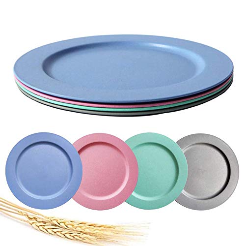 10inch Wheat Straw Dinner Plates - OWXINI 4pcs Lightweight & Unbreakable,Non-toxin, Healthy for Adult,Dishwasher & Microwave Safe(4color)