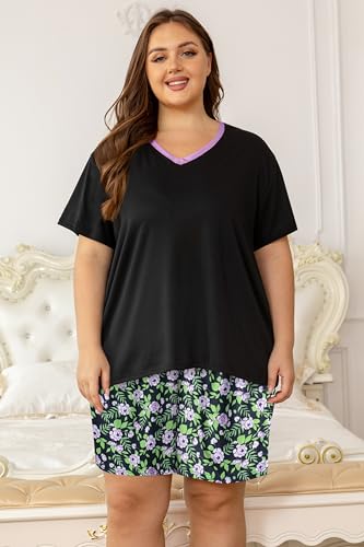 Image of Vozanet Women's Short Sleeve Top and Shorts Pajama Sets Plus Size V Neck Colorful Flower Nighty Loungewear With TWO Pockets