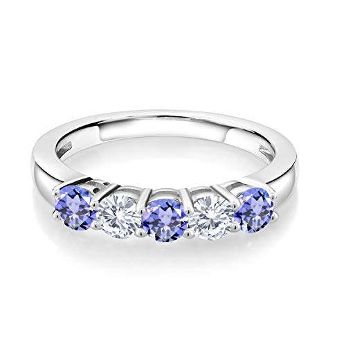 Gem Stone King 925 Sterling Silver Blue Tanzanite and White Moissanite Wedding Band Ring For Women (0.86 Cttw, Round 3.5MM, Gemstone December Birthstone, Available In Size 5, 6, 7, 8, 9)2