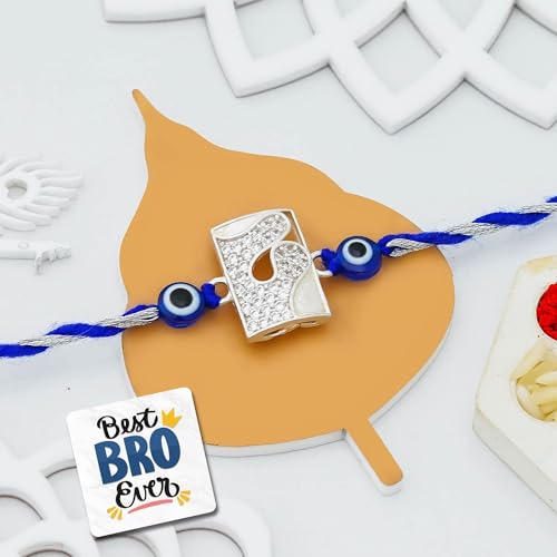 Image of eCraftIndia Silver & Blue Evil Eye Rakhi for Brother with Gift Combo Set Hamper | Raksha Bandhan Rakhi for Bhai Bhaiya Bhabhi Kids Boy | Best Bro Ever Fridge Magnet | Roli Chawal Pack
