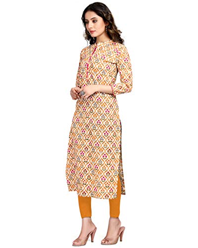 Image of Rajnandini Women's Pure Cotton Straight Fit Casual Coloured Cambric Jaipuri Printed Kurti