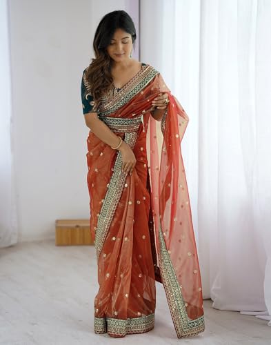 Image of SIRIL Women's Net Sequence Embroidered Saree With Unstitched Blouse
