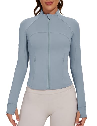 LOMON Long Sleeve Hiking Jackets with Pockets Cropped Athletic Workout Jacket Yoga Sportwear with Thumb Holes Gray Blue M