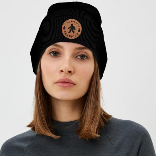 Image of Big Foot Beanie Hat, Sasquatch Leather Patch Winter Knit Skull Cap Bigfoot Gifts for Adult Men Women
