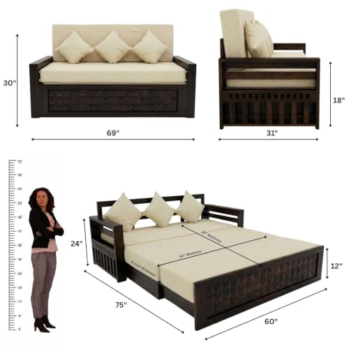 Image of SONA ART & CRAFTS Diamond Sheesham Wood Sofa Cum Bed 3 Seater with Storage and Side Pockets for Living Room Organizer Furniture Sofa Bed Home, Bedroom (Walnut Finish)