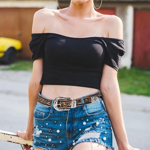 Western Floral Engraved Embossed Tooled Genuine Leather Belt, Vintage Distressed Punk Belt Cowboy Belts for Jeans Dresses2