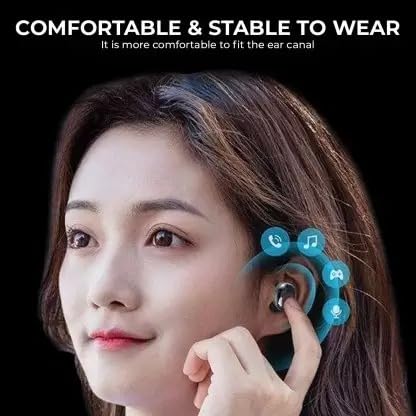 Person wearing an M90 earbud, illustrating comfortable and stable fit.