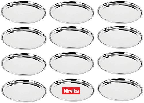 Nirvika Stainless Steel (Heavy Gauge) Mirror Finish Dinner Set/Dinnerware/Serveware/Thali/Bhojan Patra/Lunch Plate Set of 12 pc pcs Piece
