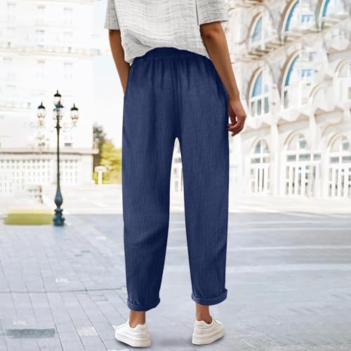 Vintage Corduroy Pants Women Casual Elastic Waist Drawstring Straight Leg Pants Loose Cozy Long Trousers with Pockets3