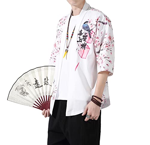 Image of PRIJOUHE Men's Lightweight Kimono Jacket Seven Sleeve Open Front Cardigan Coat Japanese Style Bathrobe