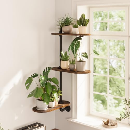 GENTINGBRO Window Plant Shelves 3-Tier Rotating Plant Stand Industrial Window Plant Shelf Wood Wall Mount Decorative Enhanced Indoor Plants Light Exposure Gift Idea for Plant Lovers