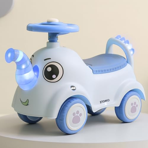Image of Storio Elephant Baby Ride-On Car Toy with Light and Music - Sky Blue | Push Car for Kids with Backrest & Steering, 1-3 Years